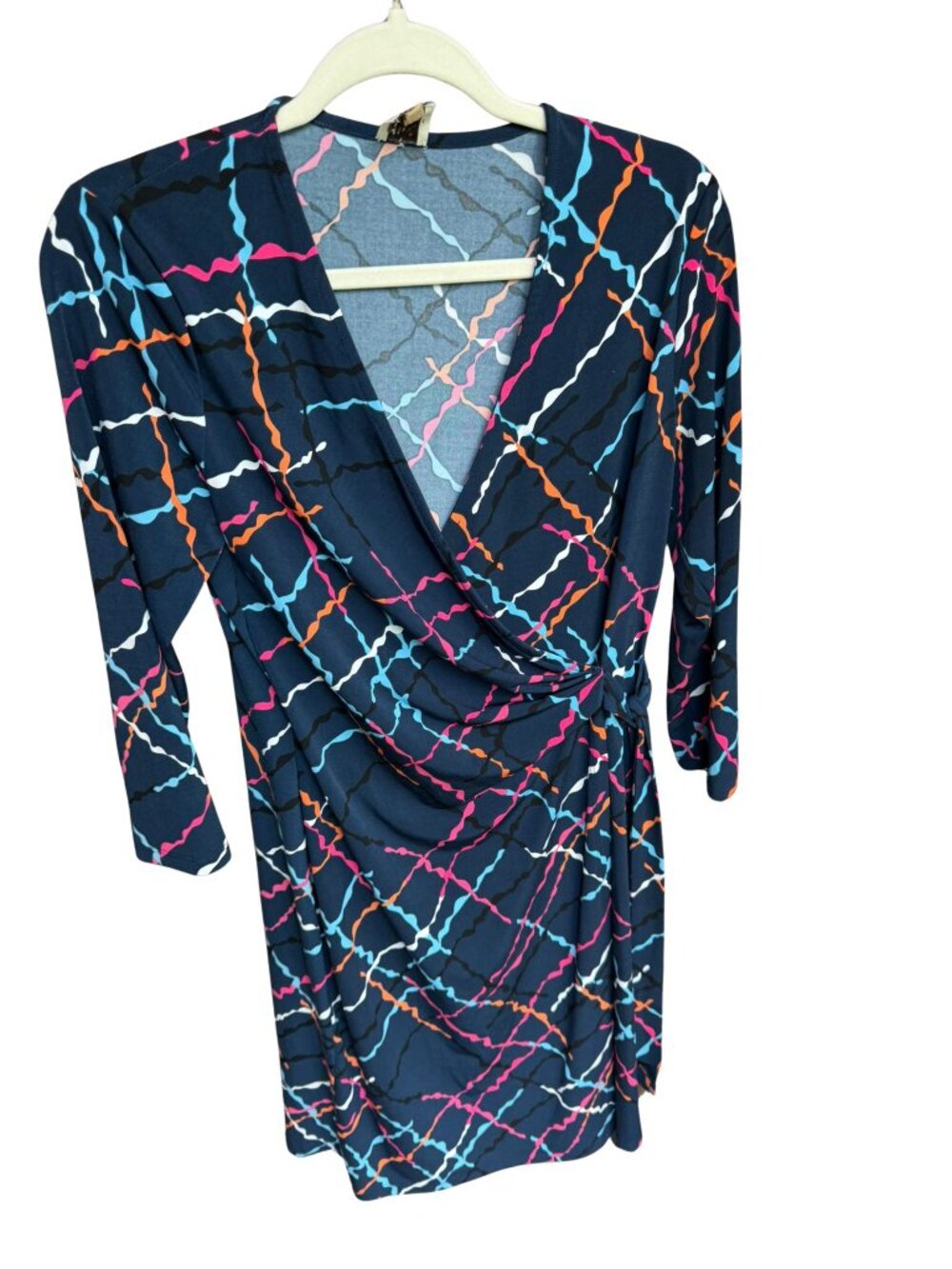 Anne Klein Faux Wrap Dress Size 10 Navy Multicolor Abstract Print Ruched Waist